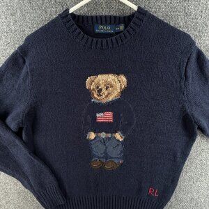 Polo Ralph Lauren Bear Sweater Medium Cotton Linen Navy Blue USA Graphic Men